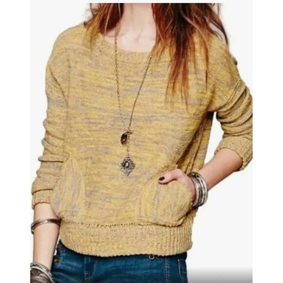 Free People Gold Sweater Small Yellow Grey Pockets Longsleeve Top - Picture 1 of 4